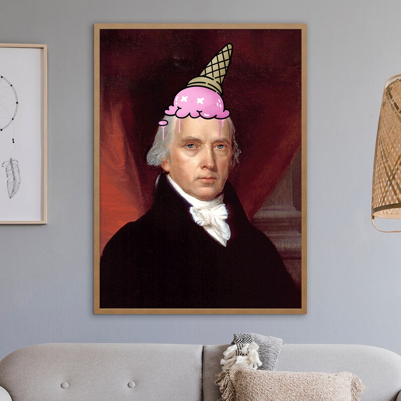 May include: A portrait of a man with a pink ice cream cone on his head. The man is wearing a black suit and a white shirt. The background is a red curtain.