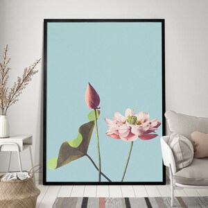 May include: A framed print of a pink and white lotus flower with a green leaf and a pink bud against a light blue background.