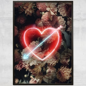 Valentines Neon Heart Floral Print – Floral Love Print, Botanical Decor