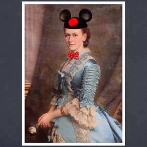 May include: A woman in a blue dress with a white lace trim and a red bow tie. She is wearing a black and red Mickey Mouse ears hat.