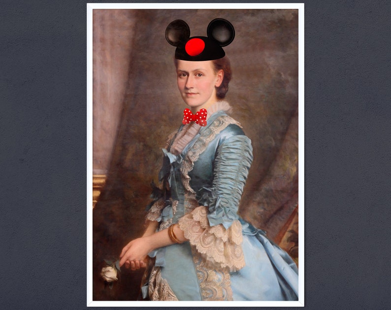 May include: A woman in a blue dress with a white lace trim and a red bow tie. She is wearing a black and red Mickey Mouse ears hat.