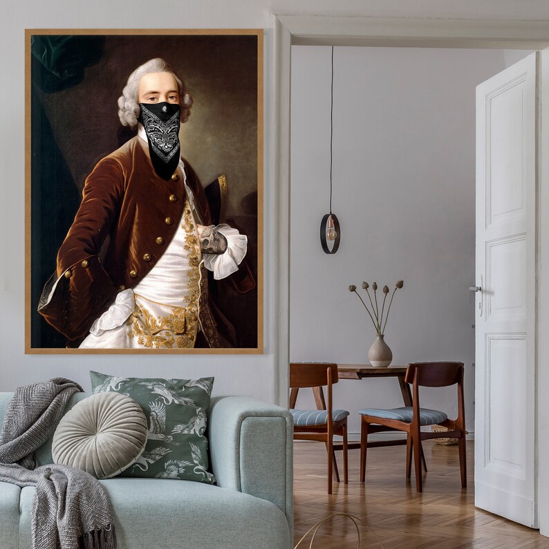 May include: A painting of a man in a burgundy jacket and white shirt with a black bandana over his face. The man is standing in a room with a brown background.