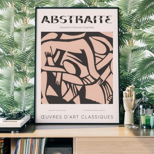 Puede incluir: Una impresi&oacute;n de arte abstracto en blanco y negro con el t&iacute;tulo "ABSTRAITE" y el texto "Oeuvres Et Gravures Originales" en franc&eacute;s. La impresi&oacute;n presenta un fondo rosa con formas geom&eacute;tricas y l&iacute;neas negras. El texto "&OElig;UVRES D'ART CLASSIQUES" est&aacute; en la parte inferior de la impresi&oacute;n.