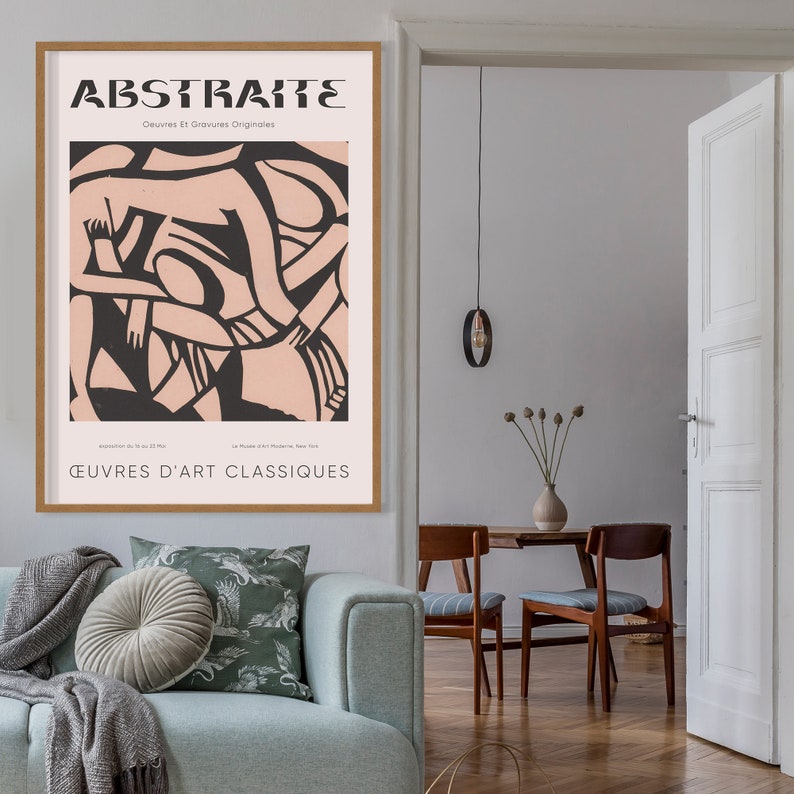 Puede incluir: Un p&oacute;ster enmarcado con el t&iacute;tulo "ABSTRAITE" en texto negro sobre fondo blanco. El p&oacute;ster presenta un dise&ntilde;o abstracto en blanco y negro con fondo rosa. El texto "Oeuvres D'Art Classiques" est&aacute; en la parte inferior del p&oacute;ster.