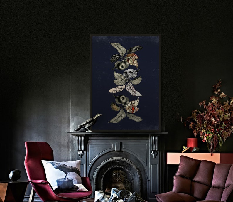 May include: A black and white illustration of a branch with leaves and apples. The apples are decorated with skulls and other details. The illustration is framed and hanging on a dark wall.