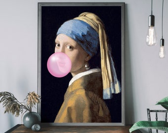Girl With A Pearl Earring Bubblegum Wall Art – Altered Art, Urban Art, Banksy Style