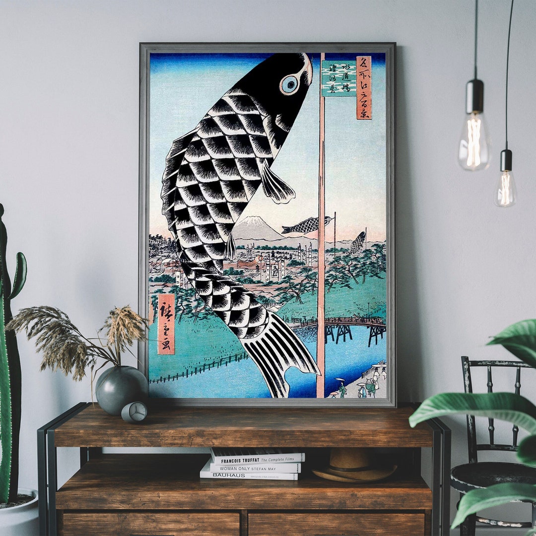 Vintage Japanese Paper Fish Print, Utagawa Hiroshige Art, Antique