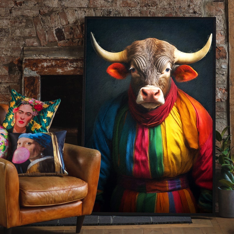 Rainbow Bull Poster – Renaissance Animal Painting, Altered Art Print ...