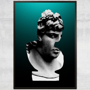 Abstract statue art print, modern bust art print, green and black abstract art print, sculpture art print