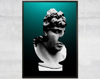 Abstract statue art print, modern bust art print, green and black abstract art print, sculpture art print