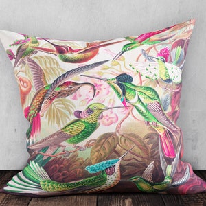 Tropical hummingbirds Square Cushion, Vintage art cushion, Floral throw pillow