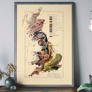 Geologische Karte Großbritannien – Vintage Landkarte Großbritannien, Kunstdruck, antikes Reiseposter
