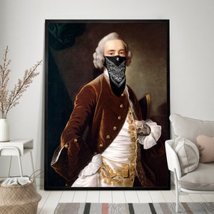 May include: A painting of a man wearing a black bandana over his face. He is wearing a brown velvet jacket with gold buttons and a white shirt with gold embroidery. The painting is set against a dark background.