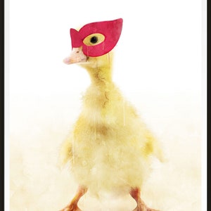 May include: A yellow duckling wearing a red superhero mask. The duckling is standing on a white background.