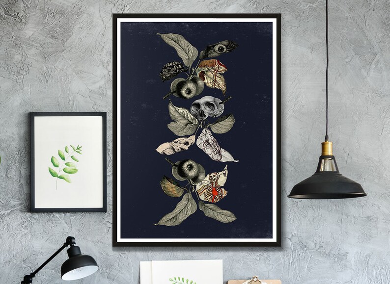 May include: A dark blue background with a vertical arrangement of stylized leaves and apples. Each apple is replaced with a different anatomical element, including a skull, a heart, and a skeleton. The text "FROM EVIL" is visible on one of the leaves.