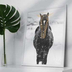May include: A black horse with a gold mane and horns stands in a snowy field. The horse is looking directly at the camera. The text "Found My Soul, I" is written in gold at the top of the image.