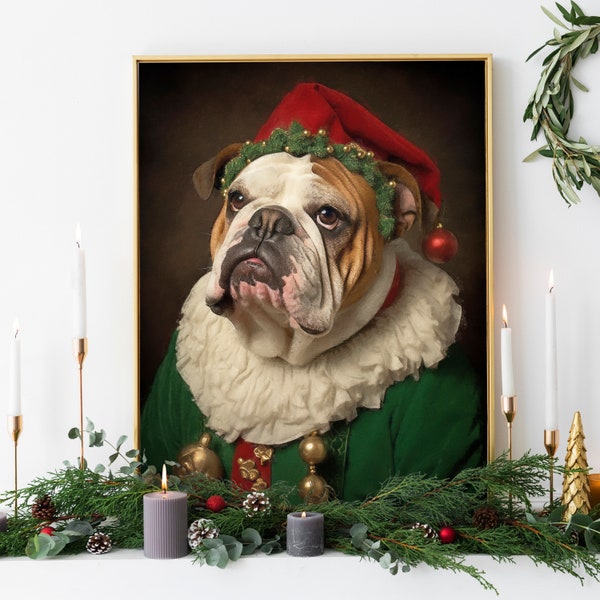 Christmas Bulldog Vintage Portrait, Renaissance Animal Painting, Festive Wall Art, Animal Head Human Body, Holidays Poster