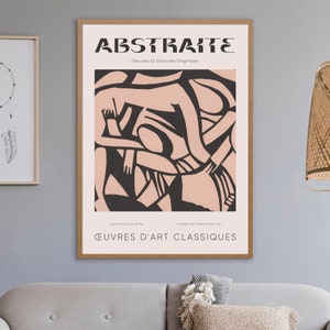 Puede incluir: Una impresi&oacute;n de arte abstracto en blanco y negro con el t&iacute;tulo "ABSTRATE" y el texto "Oeuvres Et Gravures Originales" en franc&eacute;s. La impresi&oacute;n tiene un fondo rosa y presenta formas geom&eacute;tricas.