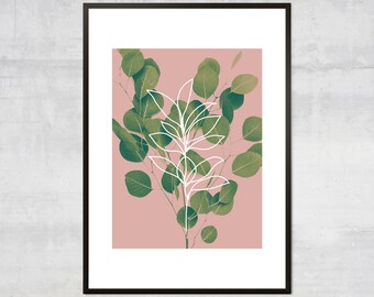 May include: A pink background with a white outline of a branch with leaves. The background is filled with green eucalyptus leaves.