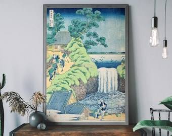 Hokusai Waterfall Print – Vintage Japanese Woodblock Art, Japandi Landscape Wall Decor