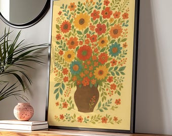 Folk Blumen-Kunstdruck, Cottagecore Boho Blumenwanddekor, rustikale botanische Illustration, naturinspirierte gemütliche Hauswandkunst