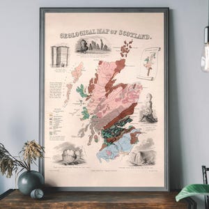 Geologische Karte von Scotland, Vintage Landkarte von Großbritannien, Historische Landkarte des Vereinigten Königreiches, Antikes Reiseplakat