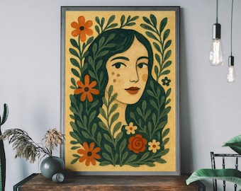 Folk Frau Illustration Druck - Boho Wand Kunst, Cottagecore weibliches Porträt, rustikale Natur inspirierte Dekoration