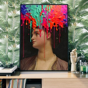 May include: A painting of a woman with colorful paint dripping over her head. The paint is in shades of red, pink, green, and blue. The woman is wearing a brown dress.