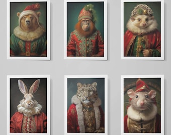 May include: Six illustrated Christmas cards featuring different animals dressed in festive attire. The animals include a bear, monkey, hedgehog, rabbit, leopard, and rat. Each card has a white border.