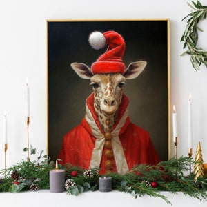 Christmas Giraffe Vintage Portrait, Renaissance Animal Painting, Festive Wall Art, Animal Head Human Body, Animal Print