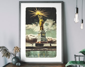 Statue of Liberty Art Print – New York Skyline Wall Art, Antique Travel Poster Illustration