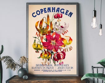 Kopenhagen Blumenmarkt Print - Vintage Floral Poster, Skandinavische Botanische Wandkunst
