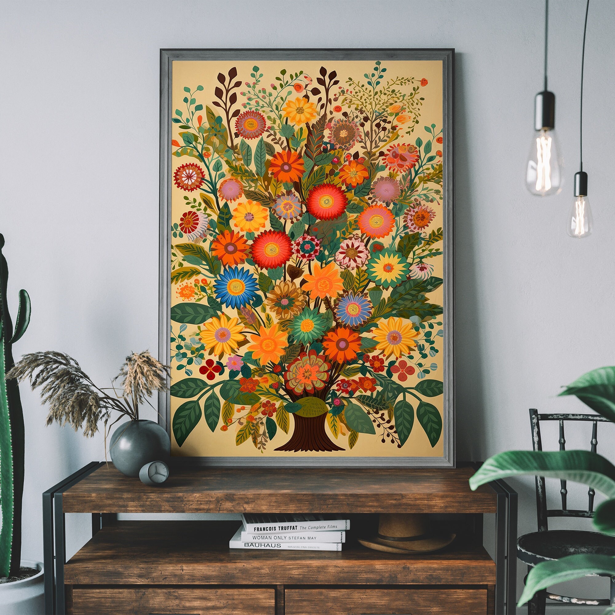 FolkFolk Flower Art Print – Colourful Cottagecore Boho Floral Illustration, Cozy Wall Art