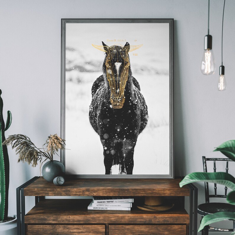 May include: A black horse with a golden halo stands in a snowy field. The horse is looking directly at the camera. The image is in a black frame.
