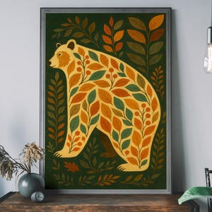 Folk Bear Illustration Print – Floral Woodland Bear Wall Art, Boho Cottagecore Decor, Cozy Nature Art for Rustic Interiors