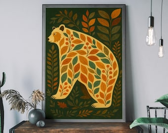 Folk Bär Illustration Druck - Florale Waldbär Wandkunst, Boho Cottagecore Dekor, gemütliche Natur für rustikale Innenräume