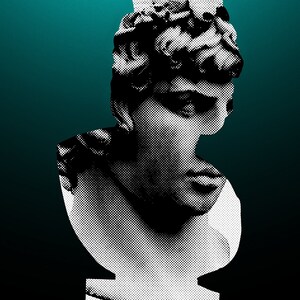 以下が含まれることがあります： 頭の上に葉の冠をかぶった人物の胸像の白黒のハーフトーン画像。胸像は白い素材でできており、ターコイズブルーの背景に置かれています。