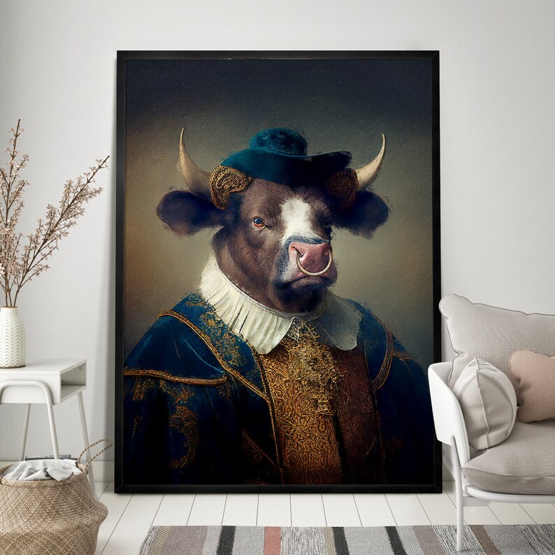 Vintage Bull Portrait – Renaissance Animal Painting, Altered Art Print ...