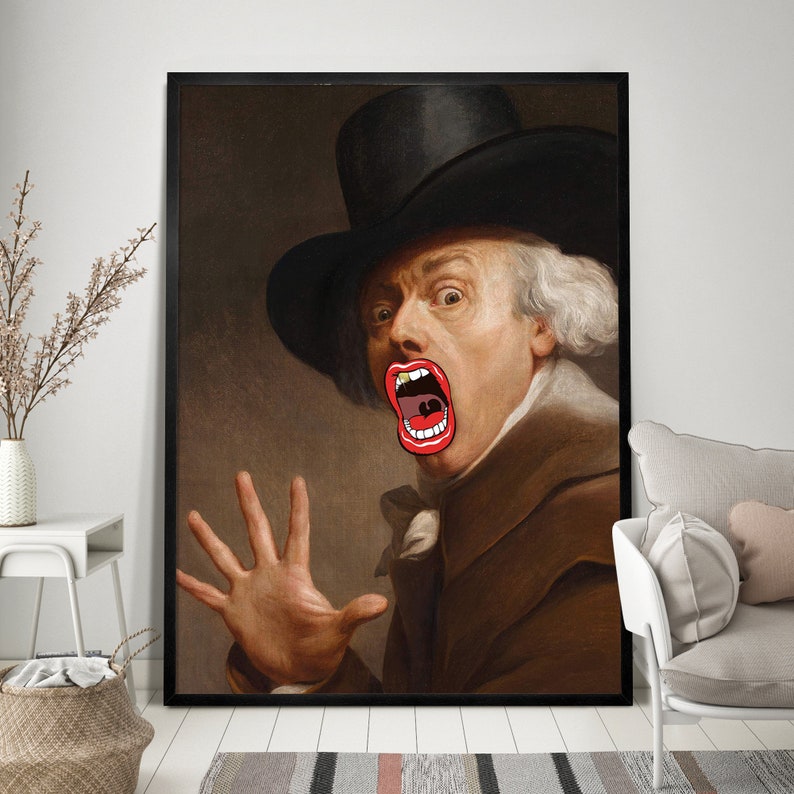 May include: A painting of a man in a black top hat and brown coat with a large, open mouth and red lips. The man is looking directly at the viewer with a surprised expression.