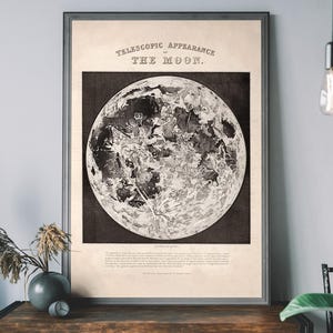 affiche vintage d'astronomie de la lune - impression d'art graphique scientifique, décoration d'intérieur rustique, art mural céleste
