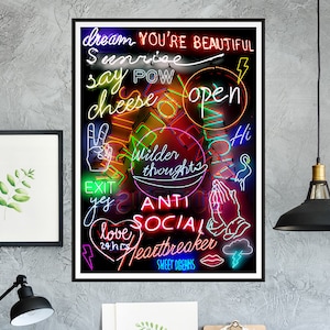 Neon Sign Mashup Print, Neon art print, Neon sign typography art, neon lights poster, neon light art