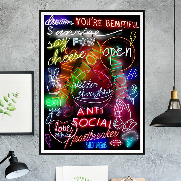 Neon Sign Mashup Print, Neon art print, Neon sign typography art, neon lights poster, neon light art