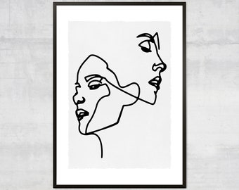 女性の顔の線画アート 1980年サイン入り ミニマルな顔の線画プリント – 女性の線画、ミニマリストボヘミアン