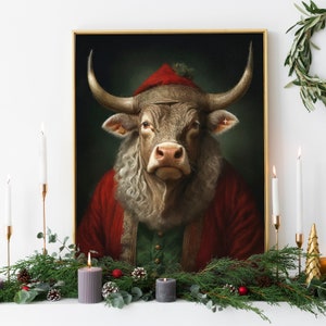Christmas Bull Vintage Portrait – Renaissance Animal Painting, Festive Wall Art, Animal Head Human Body