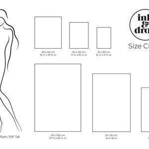 May include: Size chart for art prints showing different sizes in centimeters and inches. The model is 5'9" tall. The chart includes the text "ink & drop" and "Size Chart".
