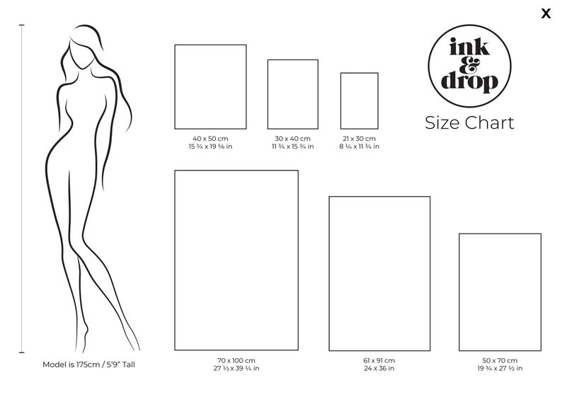 May include: Size chart for art prints showing different sizes in centimeters and inches. The model is 5'9" tall. The chart includes the text "ink & drop" and "Size Chart".