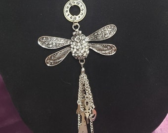 Steampunk silver dragonfly tassel necklace