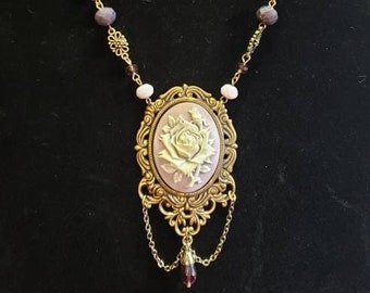 Purple rose cameo necklace