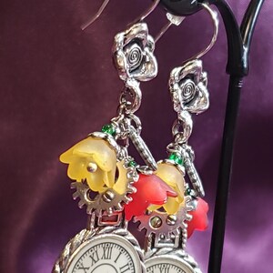 Clock and flower earrings