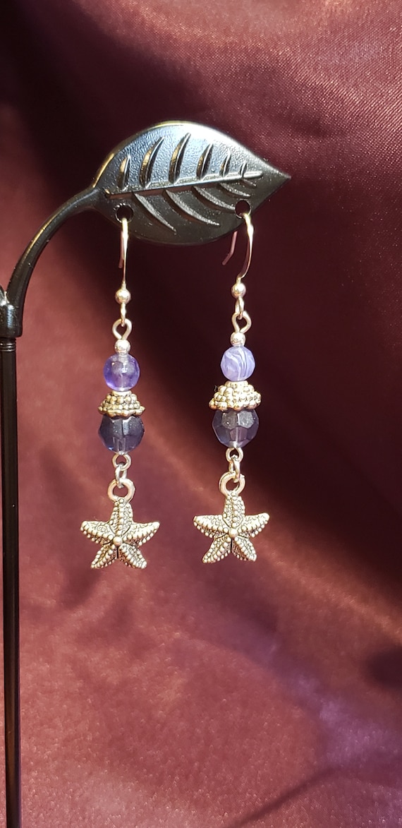 Starfish Dangle Earrings: Purple Beaded Ocean Jewelry